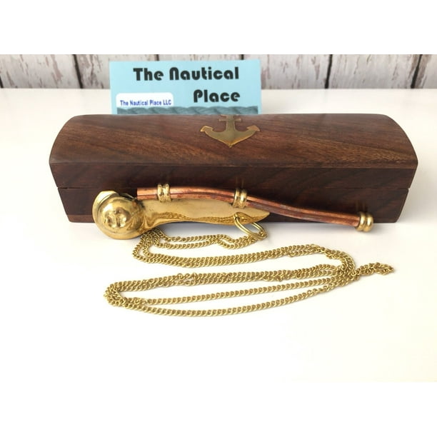 Brass / Copper Boatswain Whistle w Chain & Box Bosun Call Pipe Navy