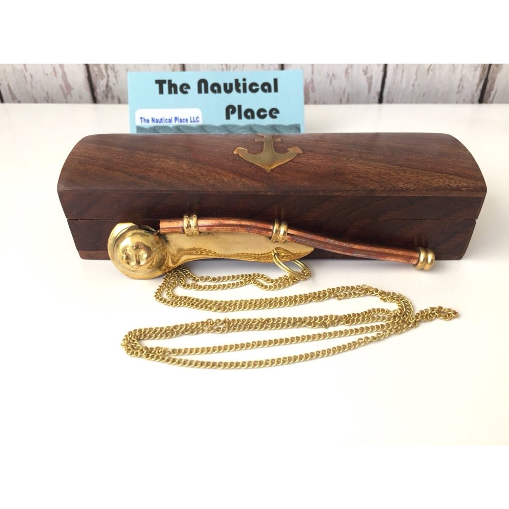 Brass / Copper Boatswain Whistle w Chain & Box Bosun Call Pipe Navy
