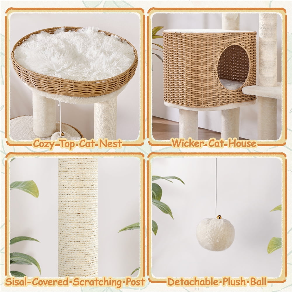 Yaheetech 35.8" Tall Rattan Cat Tree with Woven Condo and Nest, Beige