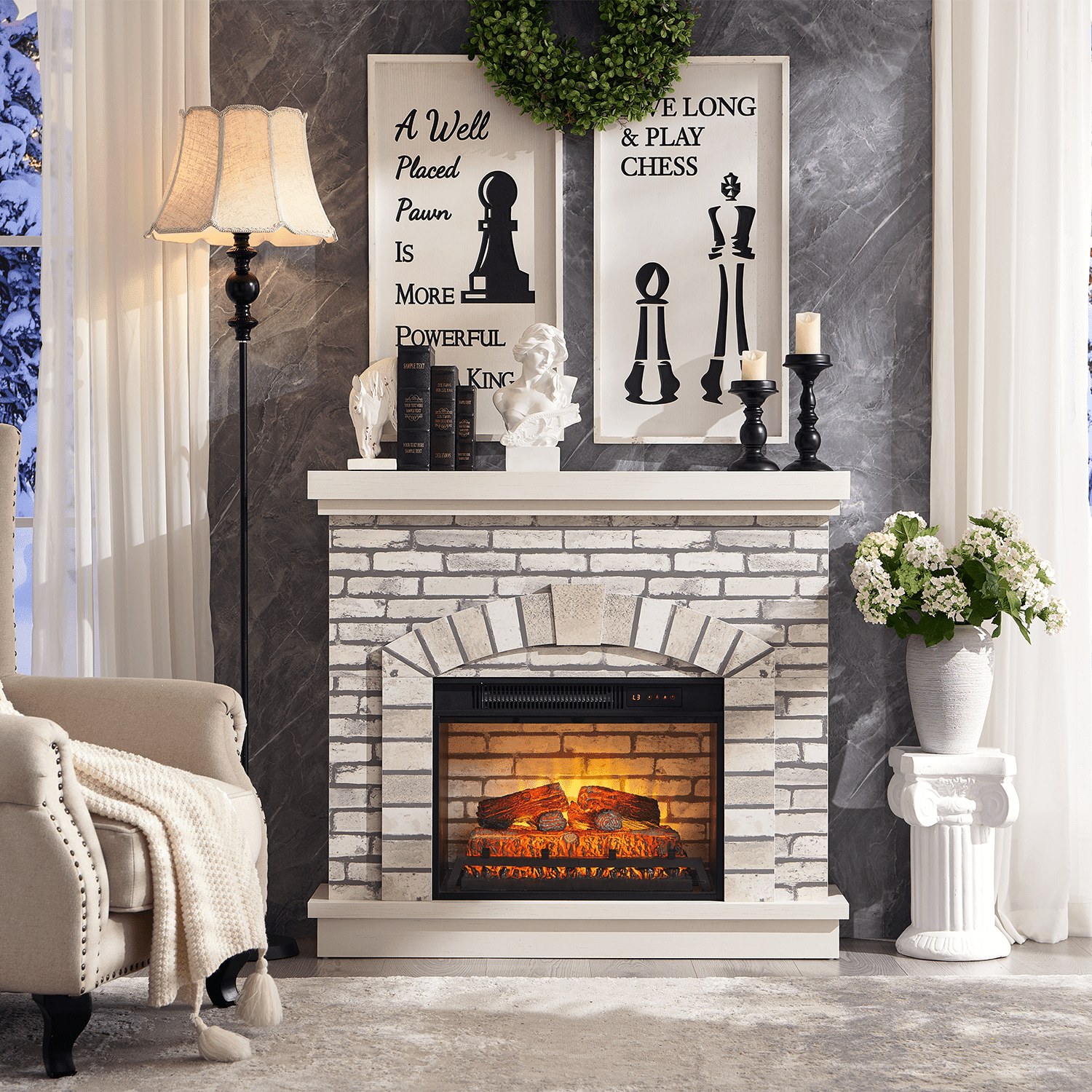 SinCiDo Electric Fireplace with Mantel for 42" TV Stand, Floor Standing Electric Indoor Fireplace