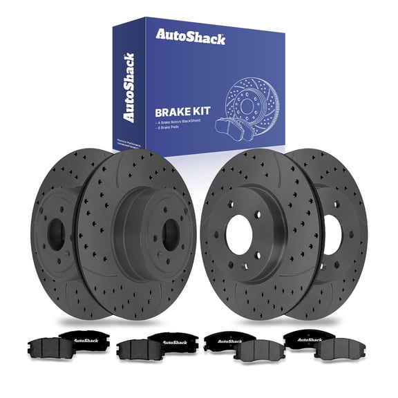 AutoShack Front & Rear Drilled & Slotted Brake Rotors Premium Ceramic Brake Pads | Replacement For Chevrolet Equinox Captiva Sport Saturn Vue FWD | Black Matte Finish | 12-PC Brake Kit | BlackShield