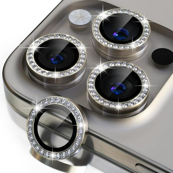 Compatible for iPhone 15 Pro/iPhone 15 Pro Max Camera Lens Protector Bling, 9H Tempered Glass Camera Cover Screen Protector Metal Individual Ring Protector, Natural Titanium Diamond