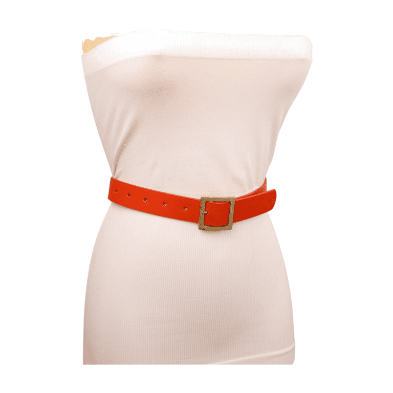 Women Orange Faux Leather Skinny Classic Belt Gold Metal  display picture 2