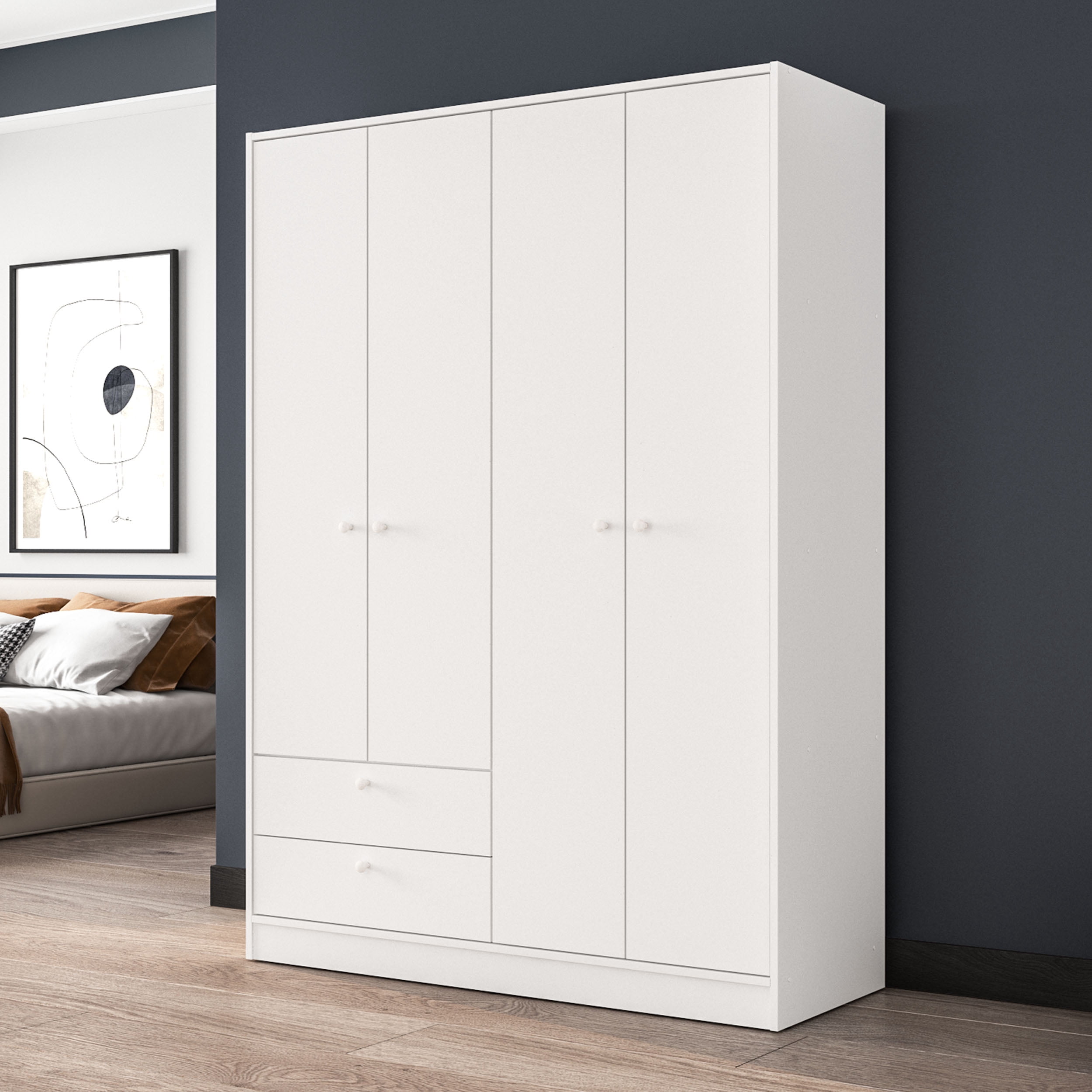 Polifurniture Denmark 71 in. 4 Door Modern Adult Armoire with 2 Drawers, Shelves and Hanging Rod, White Wood