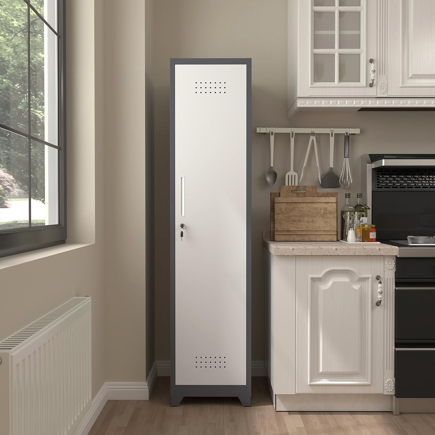 Metal Broom Storage Cabinet, Narrow Cabinet with Hooks, 65" Slim Bathroom Storage Cabinet with Shelves, Heavy-Duty Cleaning Storage Cabinet for Utility Room, Gym, Office, Garage