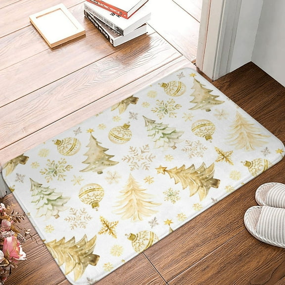 Front Door Mat Indoor Outdoor Outside Entrance - 16*24in Washable Gold Christmas Tree Thin Bathroom Rugs Fit Under Door, Bath Rugs for Bathroom, Kitchen Rugs Mats for Floor