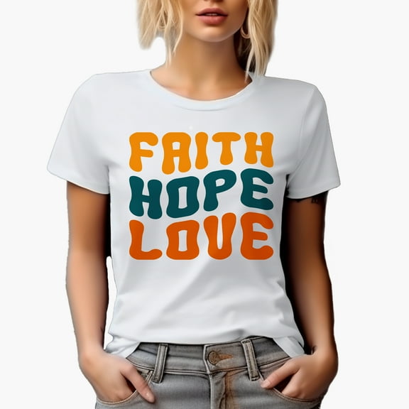 Faith, Hope, Love, Inspirational Words, Groovy Retro Wavy Text Merch Gift, White T-Shirt, Small