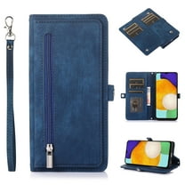 Zipper Wallet Case for Samsung Galaxy S25 with Wrist Strap, Premium PU Leather Folding Kickstand Card Holder Flip Case Magnetic Closure Full Body Protection for Samsung Galaxy S25, Blue