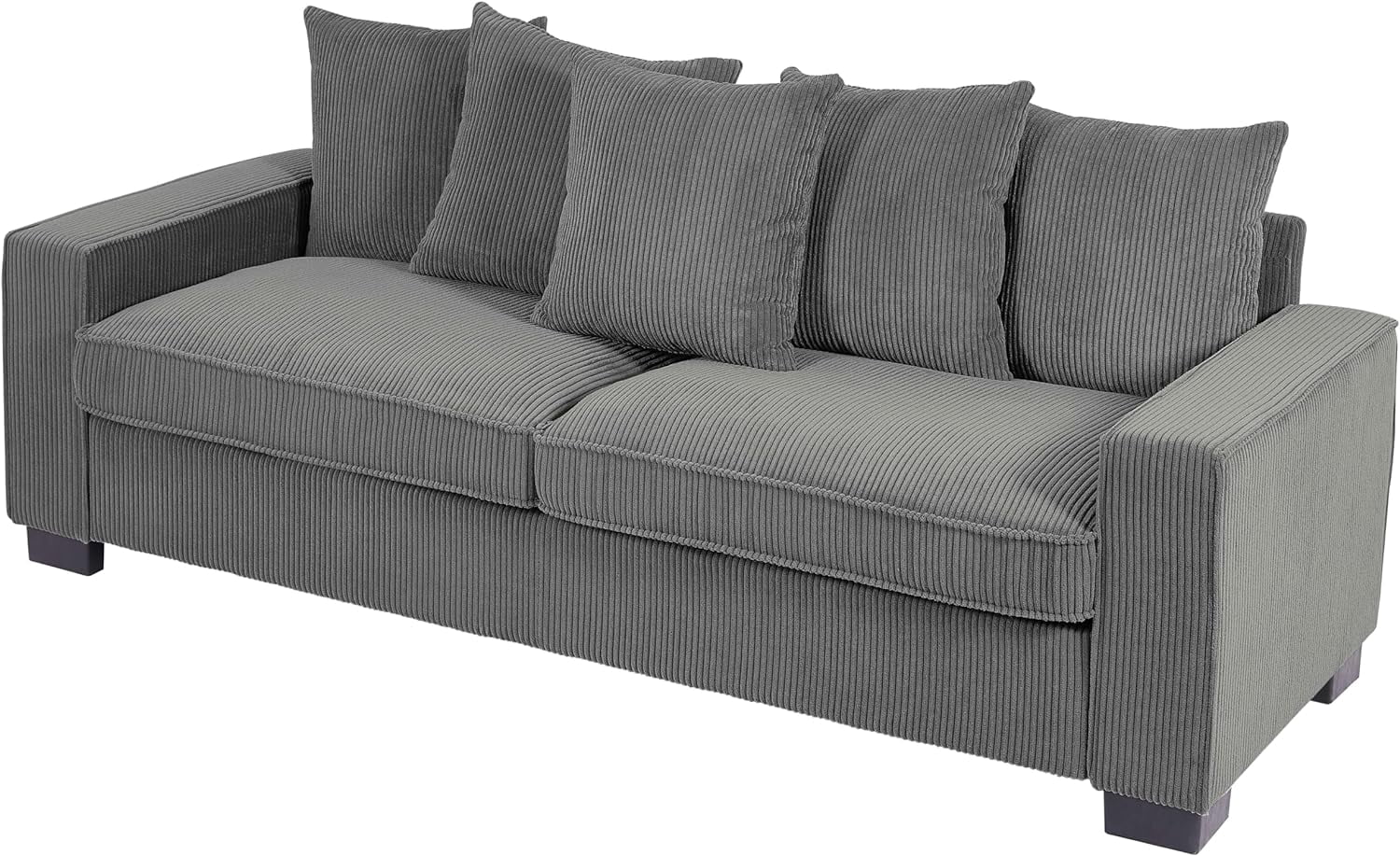 US Pride Furniture Luxe Corduroy Sofa with 5 Matching Toss Pillows, Sleek Design, Spacious and Comfortable 3 Seater Couch for Modern Living Room, Gray