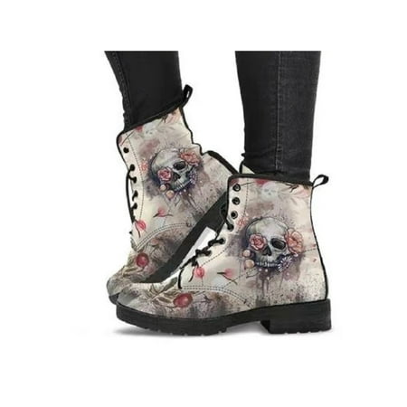

GENILU Womens Leather Boot Lace Up Short Bootie Vintage Ankle Boots Ladies Booties Waterproof Floral Round Toe Fashion White Skull 6.5