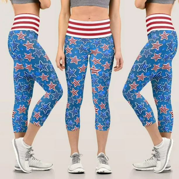 Moonker Women Patriotic USA American Flag Custom Print Cropped Trousers Leggings Skinny Pants For Yoga Running Pilates