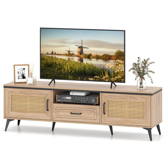 Costway Boho TV Stand for 65 Inch TVs Modern Entertainment Center with Drawer 2 Storage
