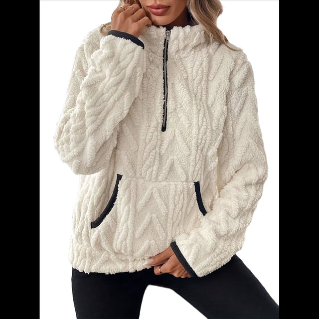 Suéter de Larga con Cremallera de un Cuarto para Mujer, Sudadera de Forro con Capucha, Sudaderas con Solapa, Suéteres Cálidos con Bolsillos. XXL