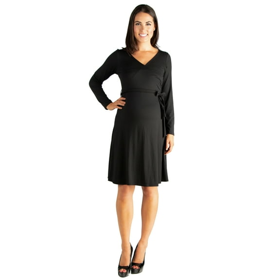 24seven Comfort Apparel Chic V-Neck Long Sleeve Belted Maternity Dress