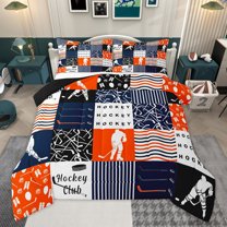 Homewish Ice Hockey Club Queen Comforter Set for Kids, Blue Orange Stripes Lines Bedding Sets, Modern Sports Athlete Reversible Bedding Comforter Set, Luxury Bedroom Decor, 3-Piece