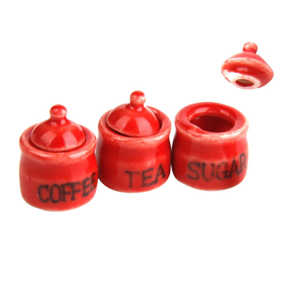 3pcs Dollhouse Red Porcelain Canister Set Storage Jars & Jugs Kitchen