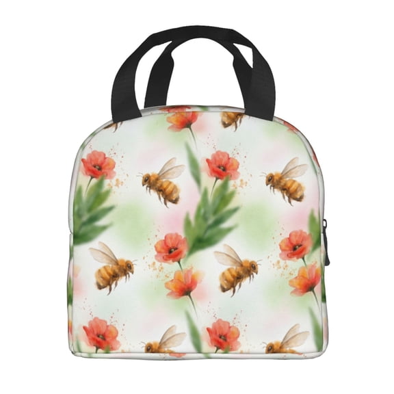 Bee Lunch Box,Reusable Insulated Lunch Bag,Flowers Large Capacity Portable Thermal Bag With Mutiple Pockets For Office,Work,Picnic