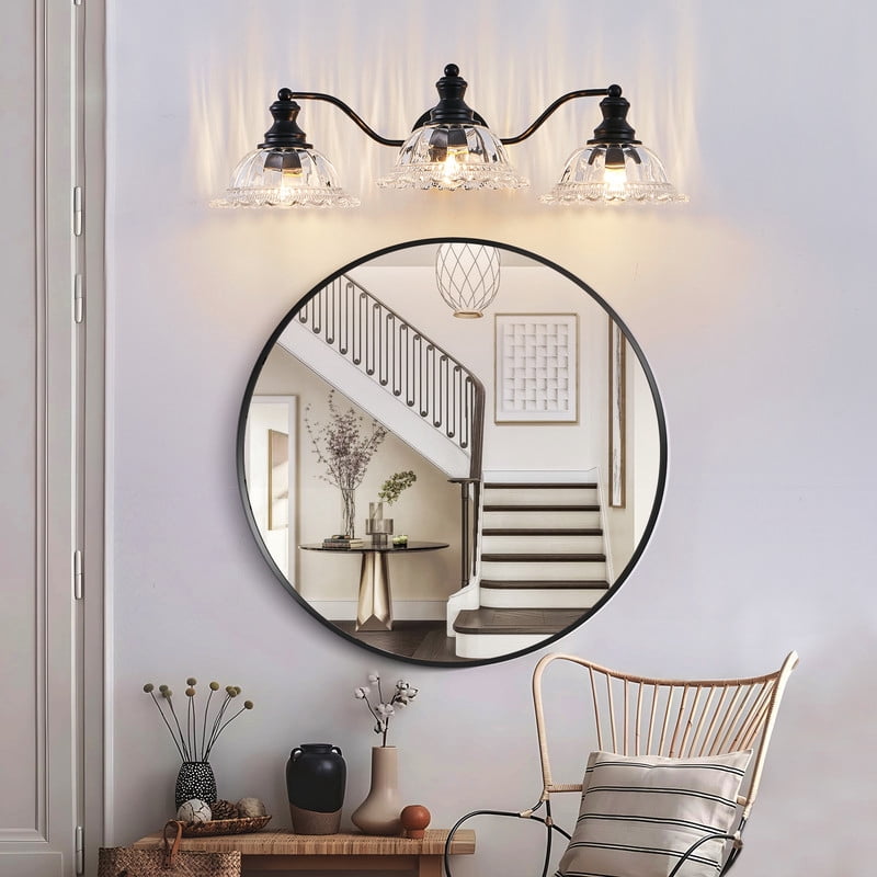 24" Vintage 3-Light Bathroom Wall Sconce, Elegant Black Metal Vanity Light with Clear Glass Shades, Wall Mounted Fixture for Bathroom, Hallway, Bedroom (Bulbs Not Included)