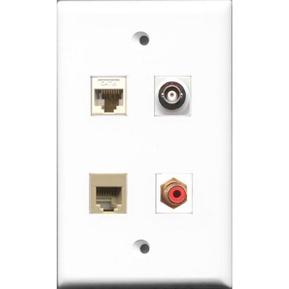 RiteAV 1 Port RCA Red and 1 Port Phone RJ11 RJ12 Beige and 1 Port BNC and 1 Port Cat6 Ethernet White Wall Plate
