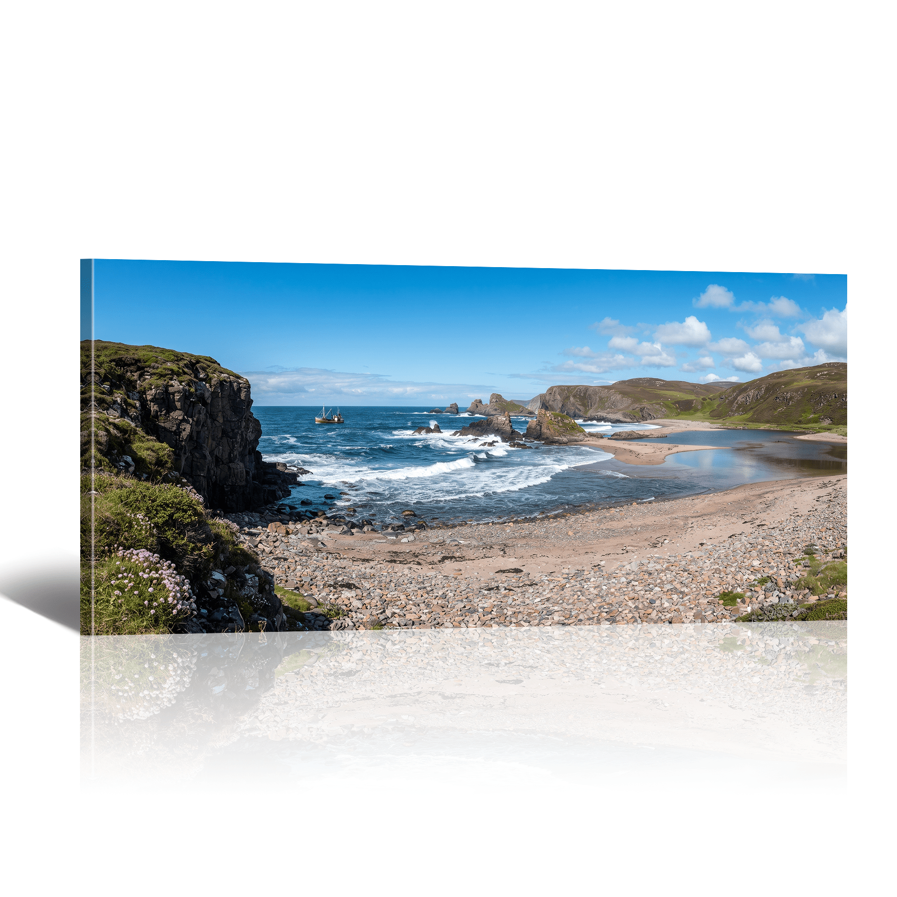 Sunshiny Beach Canvas Wall Art with Costal Range and Ocean Picture Print, Nature Scene Landscape Artwork Modern Paintings for Living Room Bedroom Home Office Decor