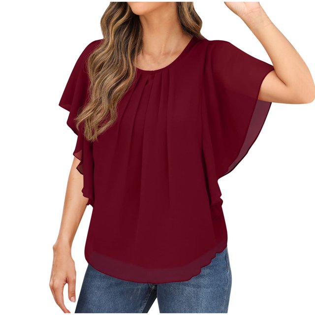 Qixing Summer Casual Loose Round Neck Chiffon Flowy Tops Blouses for Women