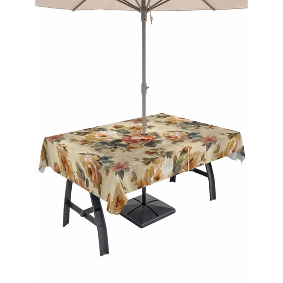 Outdoor Tablecloth with Umbrella Hole for Patio/Picnic/Party/Camping, Retro Orange Spring Floral Waterproof Table Cloth Rectangle Table Cover Washable, Vintage Botanical Peony Farmhouse (52"x 70")