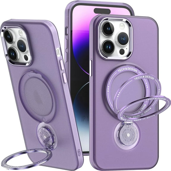 Magnetic Phone Case for iPhone 14 Pro Max Compatible with MagSafe, Military Grade Drop Tested with 360 Ring Metal Kickstand Clear Cover Case for iPhone 14 Pro Max XZ Purple