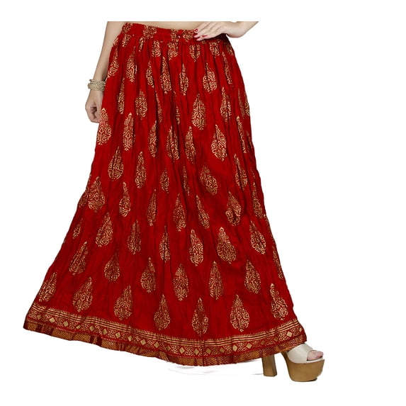 Chadrakala Women's Rayon Cotton Indian Crushed Flaire Long Maxi Skirt Gold Block Print ,Free Size, Red (S102RED)