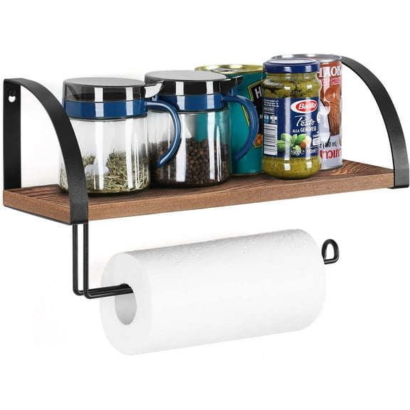 Wall Mounted Paper Towel Holder with Wood Shelf, Rustic Brown