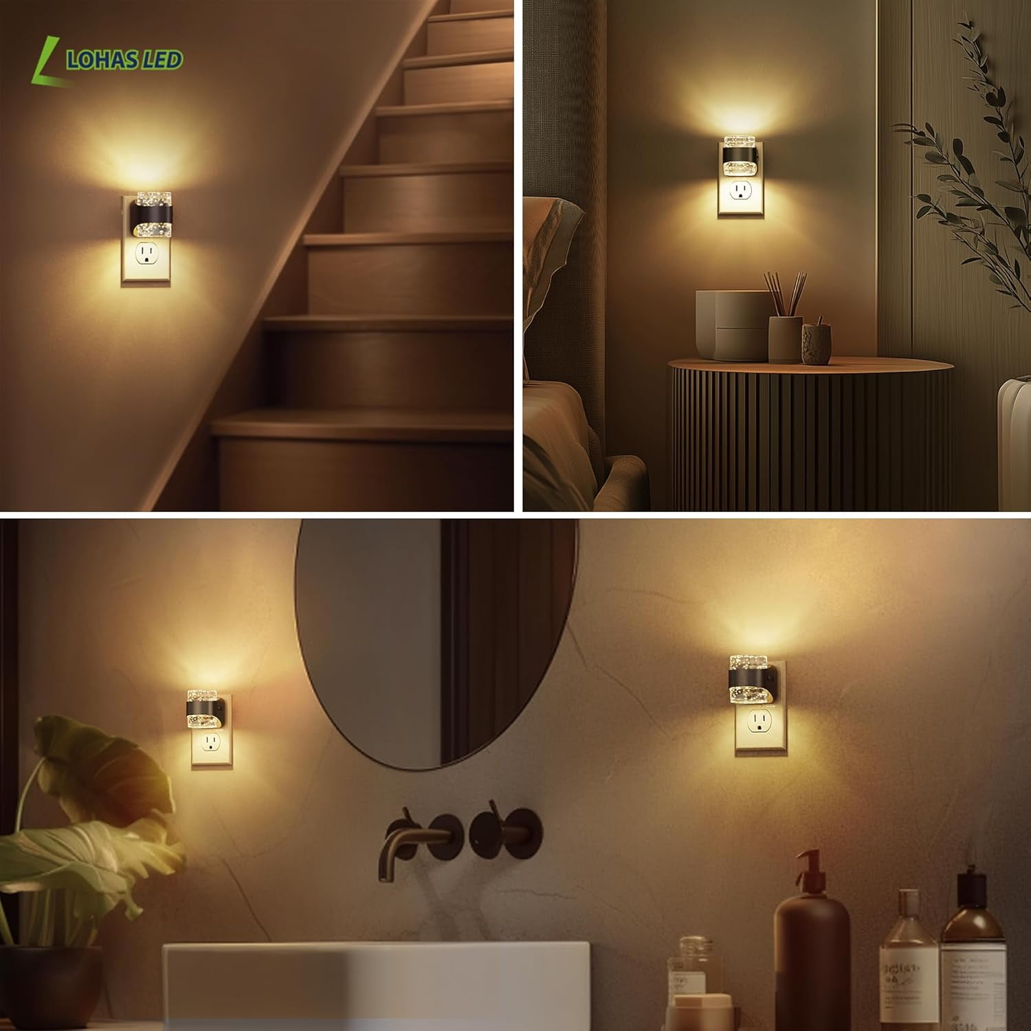 RGHJAR-Night Light, 2 Pack 3000K Bubble Night Lights Plug into Wall, Acrylic Night Lights with Light Sensor, Adjustable Brightness,Soft White Plug in Nightlights for Rooms Bathroom Hallway