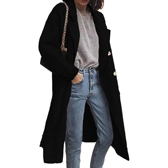 LinYooLi Trench Coats for Women Casual Button Up Lapel Long Solid Color Coat Wool Blend Overcoat Shacket Jacket