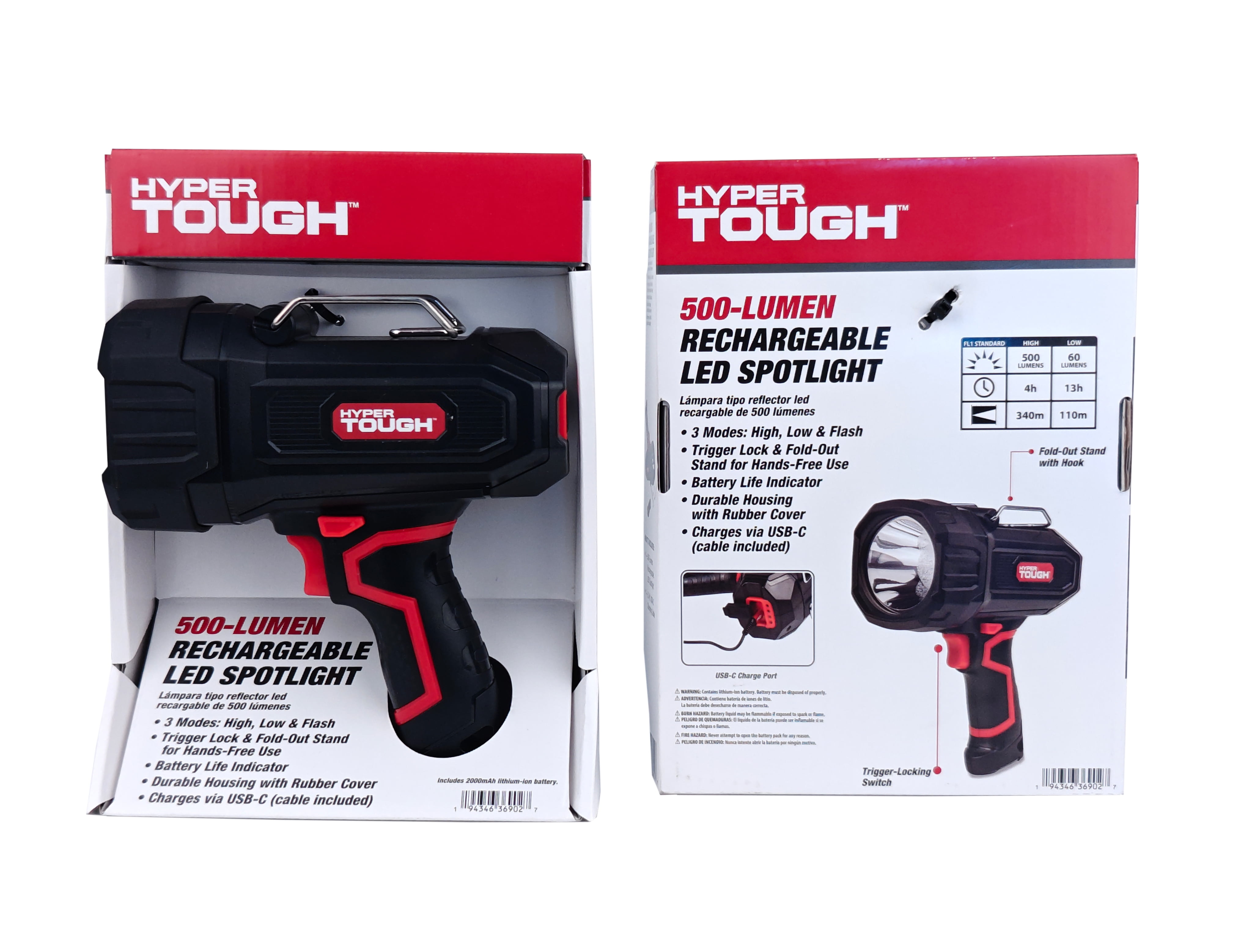 (2 pack) Hyper Tough 500LM Rechargeable LED Spotlight With Built-in 2000mAh Lithium-Ion Battery For Hands-Free Use