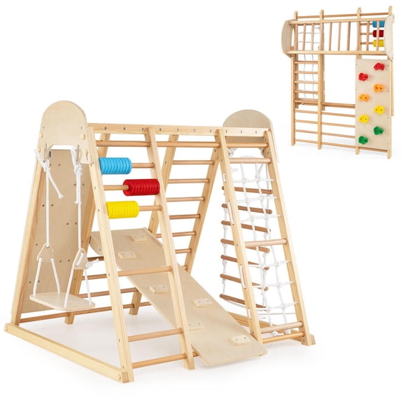 8-In-1 Foldable Wooden Indoor Jungle Gym Playground for Toddlers and Kids with Swing and Monkey Bars, Natural