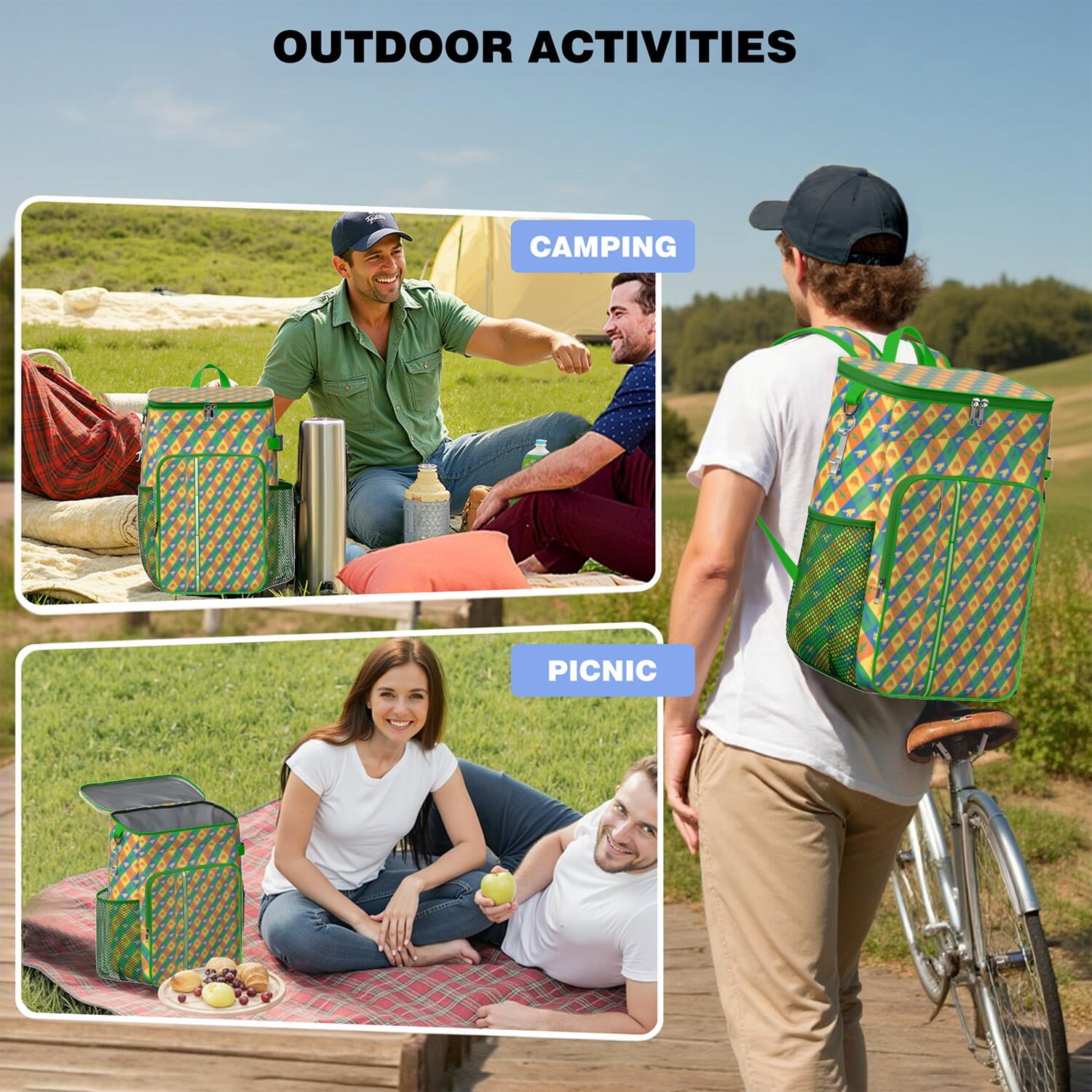 Travel Cooler Bag - Colorful Checkered Dinosaurs Pattern Camping Beer Cooler Backpack with Bottle Opener- Waterproof Insulated Picnic Backpacks - Cooler Bag for Beach