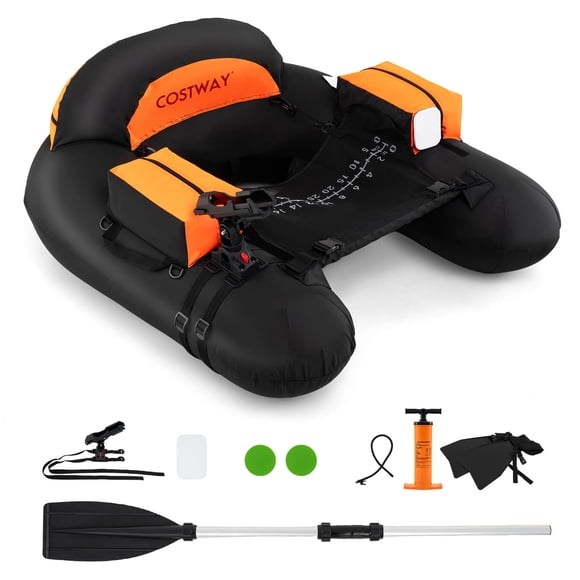 Costway Inflatable Float Tube with Adjustable Fishing Rod Holder Fish Hook Stator Flippers Orange