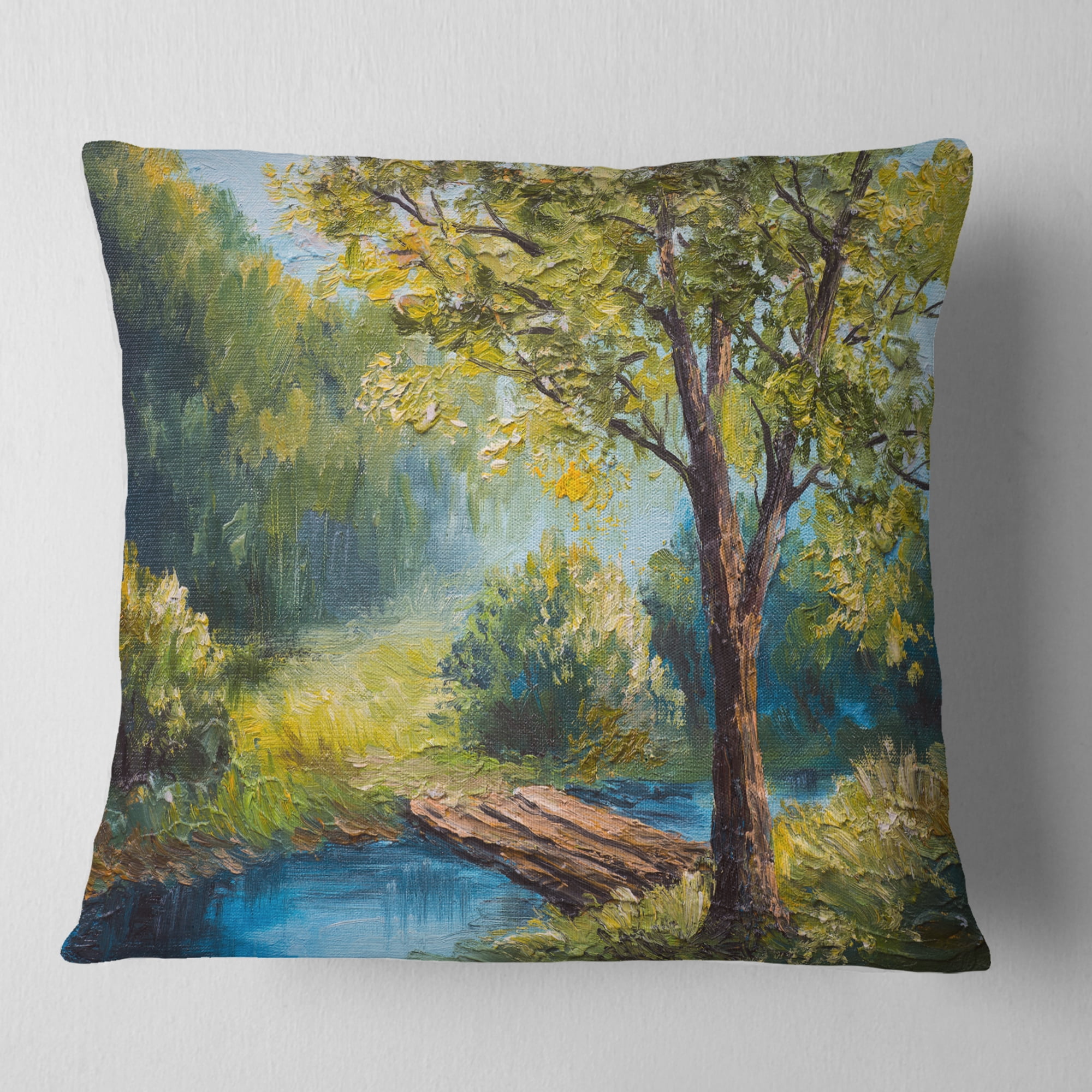 Designart Summer Forest with Beautiful River - Landscape Printed Throw Pillow - 18x18