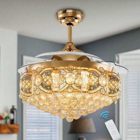 

FINE MAKER 42 Crystal Ceiling Fan with Light Remote Fandelier LED Retractable Chandelier with Fan 3 Color 3 Speed Light Fix for Living Room Dining Room Gold Finish