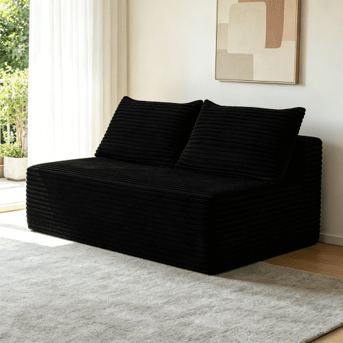 58 Inch 2 Seater Loveseat Sofa, Modern Corduroy Couch with Cup Holders, Double Chaise Lounge, No Assembly, Living Room, Black