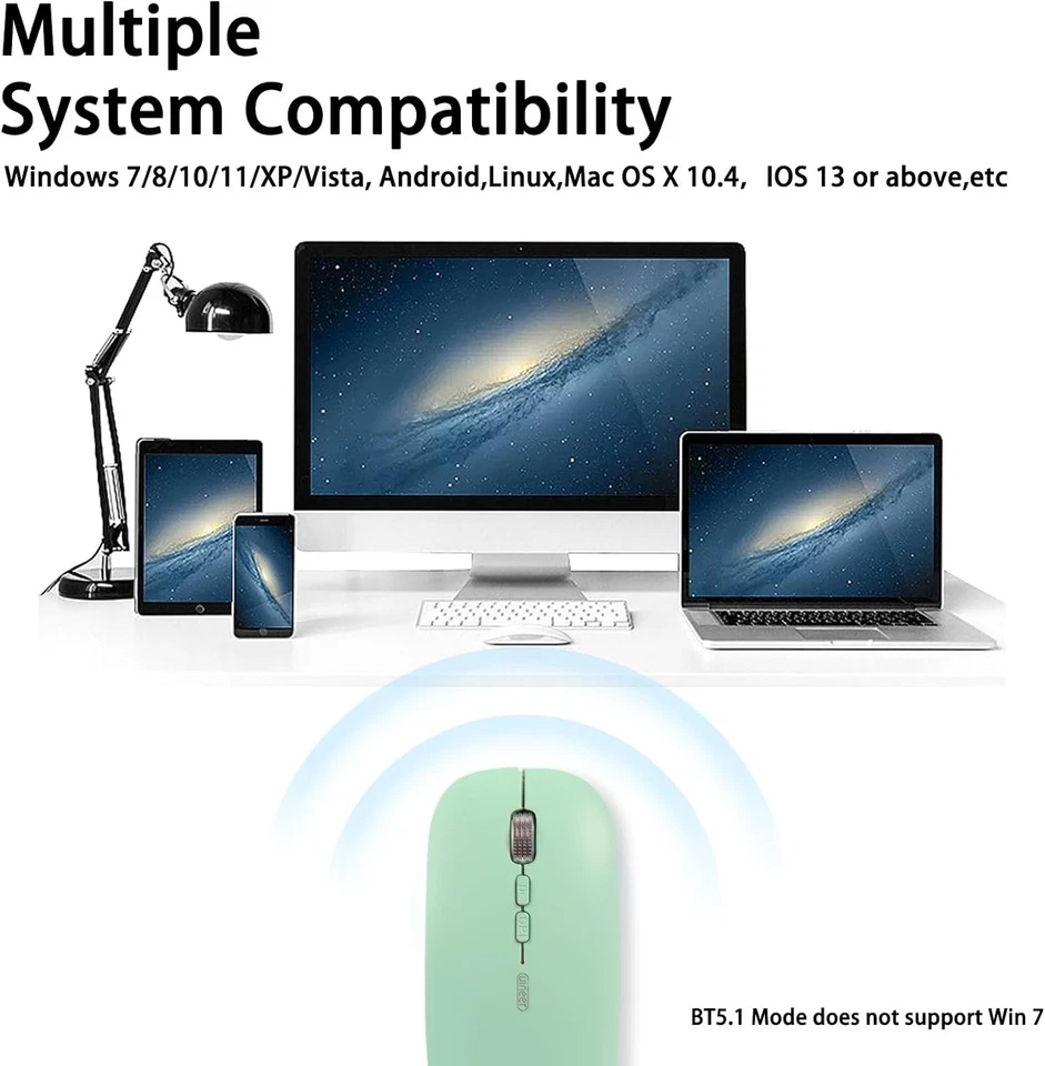 RHEA- Wireless Silent Mouse Bluetooth, Rechargeable Led (Bt 5.1+2.4G) Green