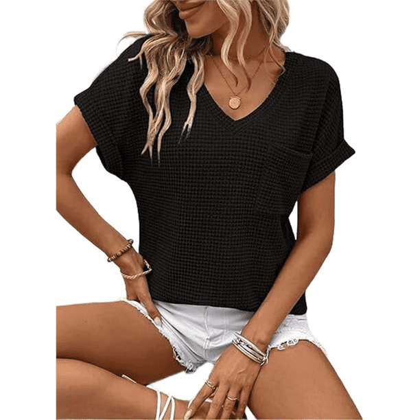 Camiseta Básica de Corta para Mujer, Informal, de Punto Gofre, con Cuello en V, Color Negro, Talla M