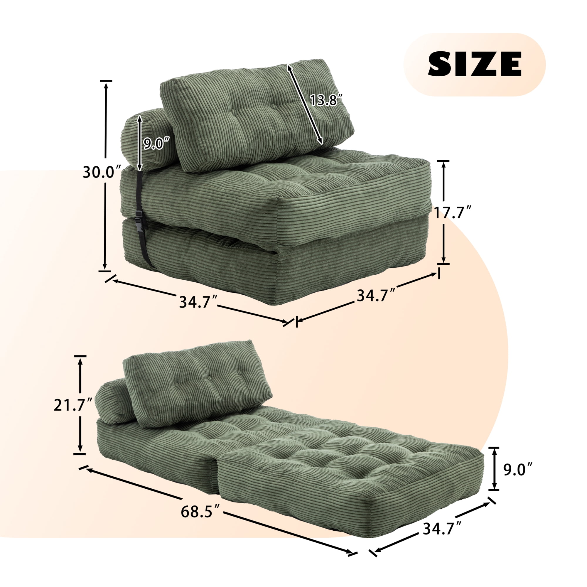 Leumius Folding Sofa Bed,68.5 inch Convertible Sleeper Sofa Chair with Pillow,Foldable Mattress Futon with Back Support,Soft Sleeper Chair Bed Floor Sofa for Living Room Bedroom,Green