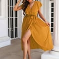 thumbnail image 4 of Bigersell Wedding Guest Dresses for Women Casual Short Sleeve Summer Ruffle V-Neck Wrap Slit Maxi Dress Female Dresses Regular Bodycon Dresses, Style 30296, Yellow S, 4 of 6