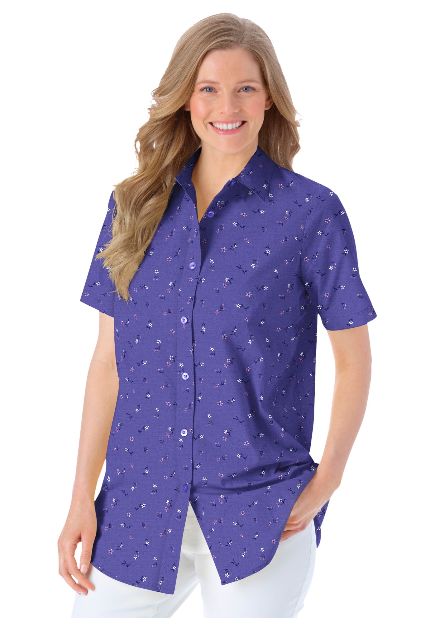 womens red short sleeve button down shirt