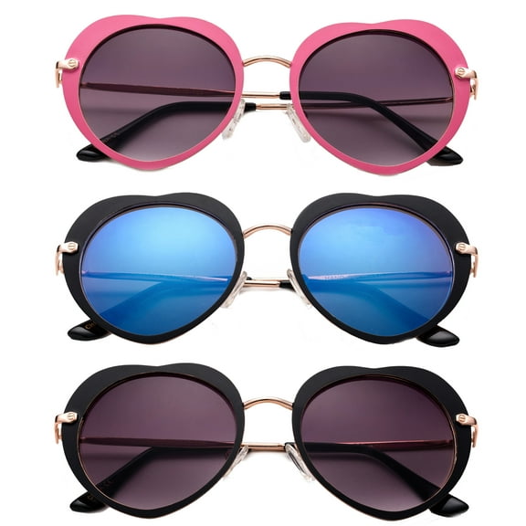 3 Pack Two Tone Metal Frame High Fashion Optical Quality Heart Shape Sunglasses for Women, Black Smoke, Blue Flash Mirror & Hot Pink Smoke