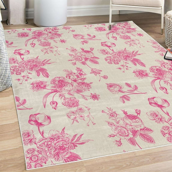 Botanical Decorative Rug, Vintage Floral Pattern Victorian Classic Royal Inspired Plants Modern Art, Quality Carpet for Bedroom Dorm and Living Room, 6 Sizes, Pink Coconut, by Ambesonne
