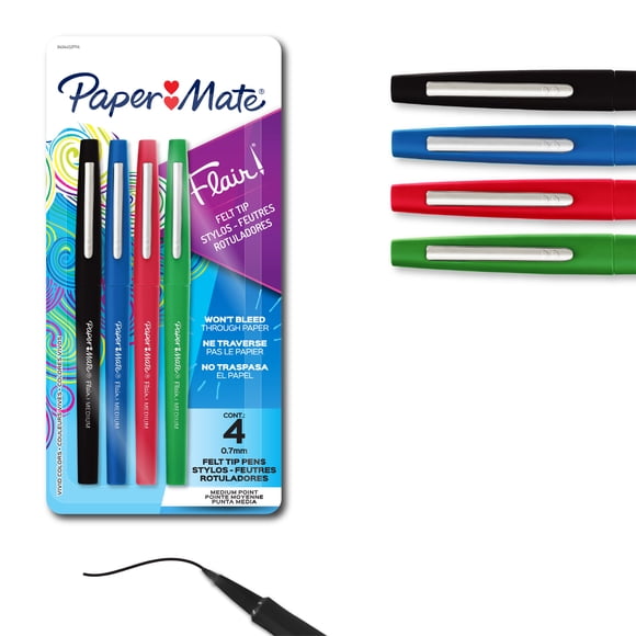 Stylos Flair de Paper Mate avec pointe en feutre, pointe moyenne (0,7 mm), couleurs assorties, 4 unités