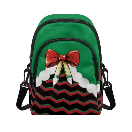FUIALDOLG Christmas Chevron Bow Pattern Sling Bag with Zipper Closure Lightweight Small Crossbody Wallet for Daily Use Polyester Shoulder Bag