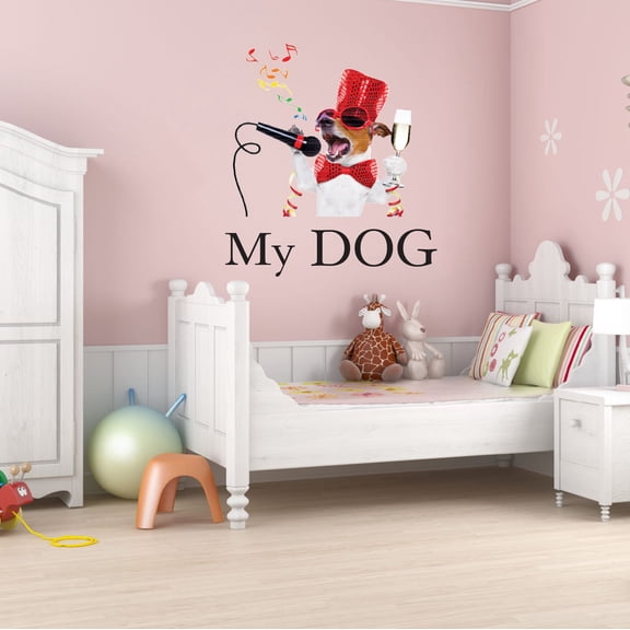 Animal Wall Decal Cute Dog Singing with Mic in Hand Bedroom Wall Decal for Girls Dog Cute Themed Room Decal - Size: 18 In x 20 In