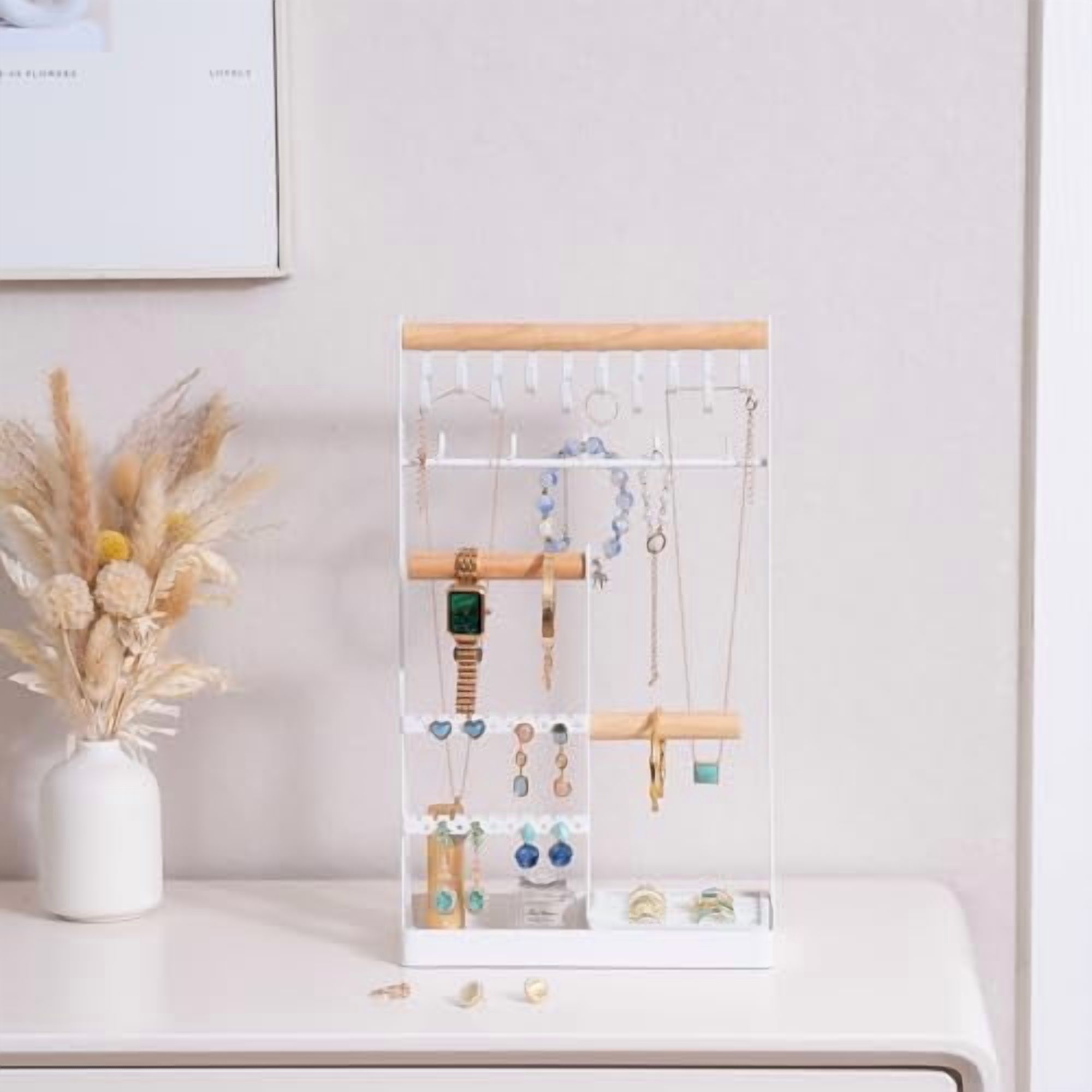 Jewelry Organizer Jewelry Stand Jewelry Holder Organizer, 4-Tier Necklace Organizer with Ring Tray, Large Aesthetic Jewelry Tower Storage Rack Tree for Bracelets Earrings Rings -Large, White