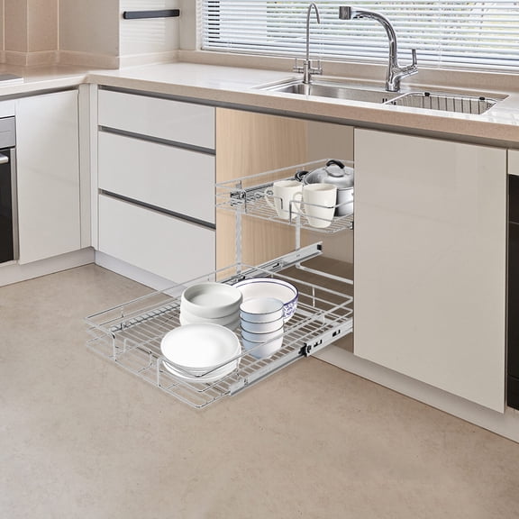 Metal Shelf 2-Tier Kitchen Cabinet Pull Out Cabinet Organizer for Plates Bowls